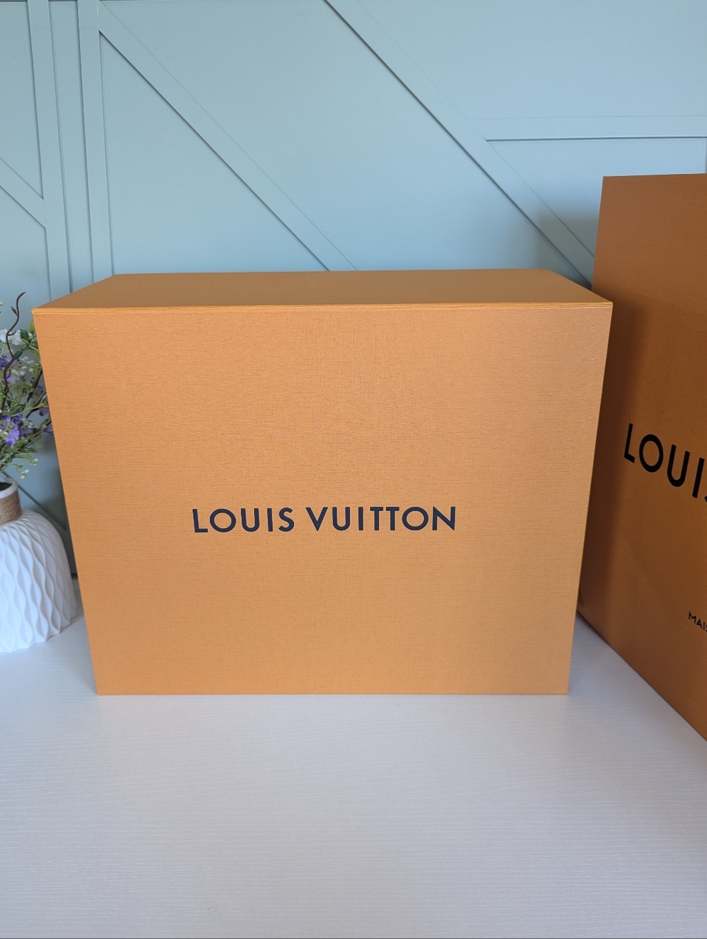 Louis Vuitton Brown Shopping Bag + Box with Blue Handles